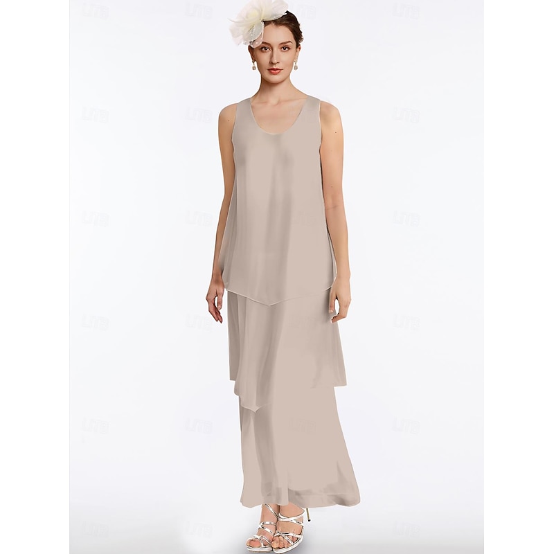 Beach Wedding Sheath Mother of the Bride Dress Elegant Simple V Neck Ankle Length Chiffon Sleeveless with Tier Solid Color3