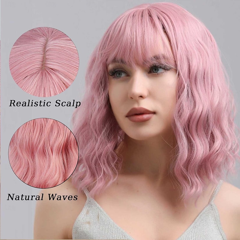 Wig with Bangs Soft Short Wavy Bob Wigs for Women Synthetic Shoulder Length Women's Curly Wigs for Carnival Costumes Cosplay Daily2
