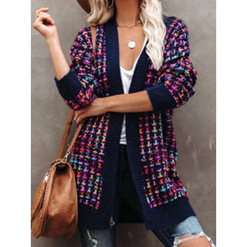 Women's Cardigan Stylish Color Gradient Crochet Open Front Knitted Long Sleeve Long Tops Knit Daily Blue Purple Fall Winter2