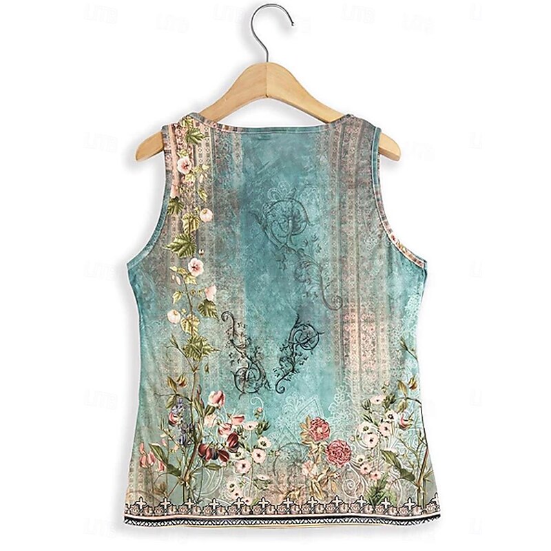 Women's Camisole Tank Top Stylish Casual Floral Buttons Print Sleeveless Regular Tops Notched Neck Casual Daily Holiday White Blue Green Gray Summer2