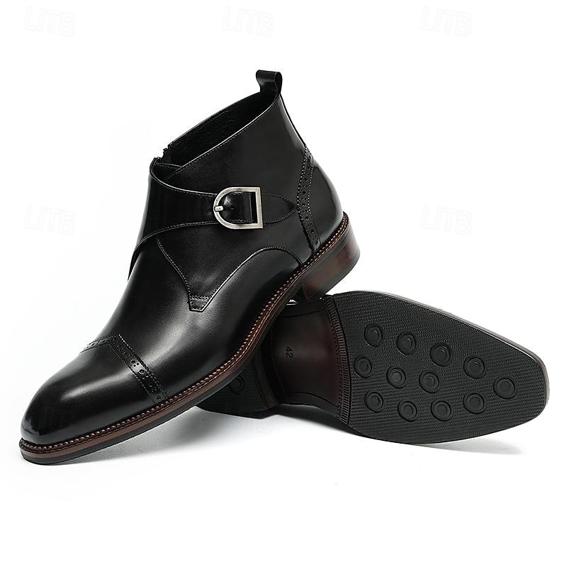 Men's Premium Leather Buckle Ankle Boots - 100% Cowhide Zipper and Brogue Detailing for Formal and Casual Wear4