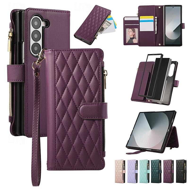 Phone Case For Samsung Galaxy Z Fold 6 Z Fold 5 Z Fold 4 Z Fold 3 Wallet Case with Stand Holder Magnetic Zipper Retro TPU PU Leather