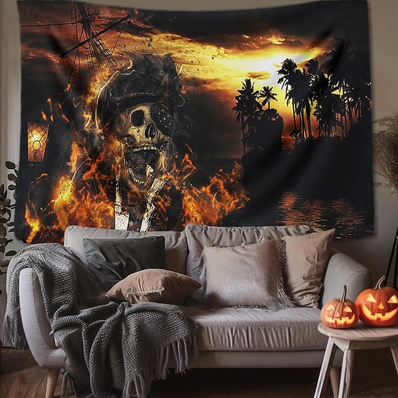 Halloween Decorations Tapestry Jack O Lantern Pumpkin Decor Wall Art Large Hanging Tapestry Mural Decor Photograph Backdrop Blanket Curtain Home Bedroom Living Room Skull Skeleton Bat Graveyard 9