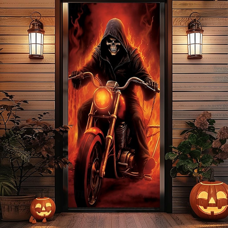 Halloween Door Covers Death Motorcycle Door Tapestry Door Curtain Decoration Backdrop Door Banner for Front Door Farmhouse Holiday Party Decor Supplies4