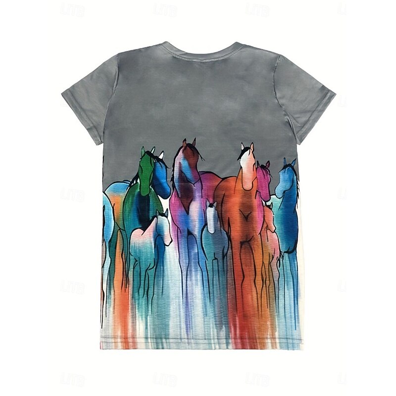 Women's T Shirt Casual Horse Print Short Sleeve Regular Tops Crew Neck Daily Gray Summer2