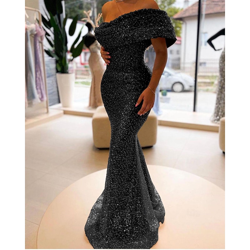 Gold Mermaid Sequined Evening Gown Elegant Dress Formal Floor Length Sleeveless Off Shoulder Masquerade Dress4