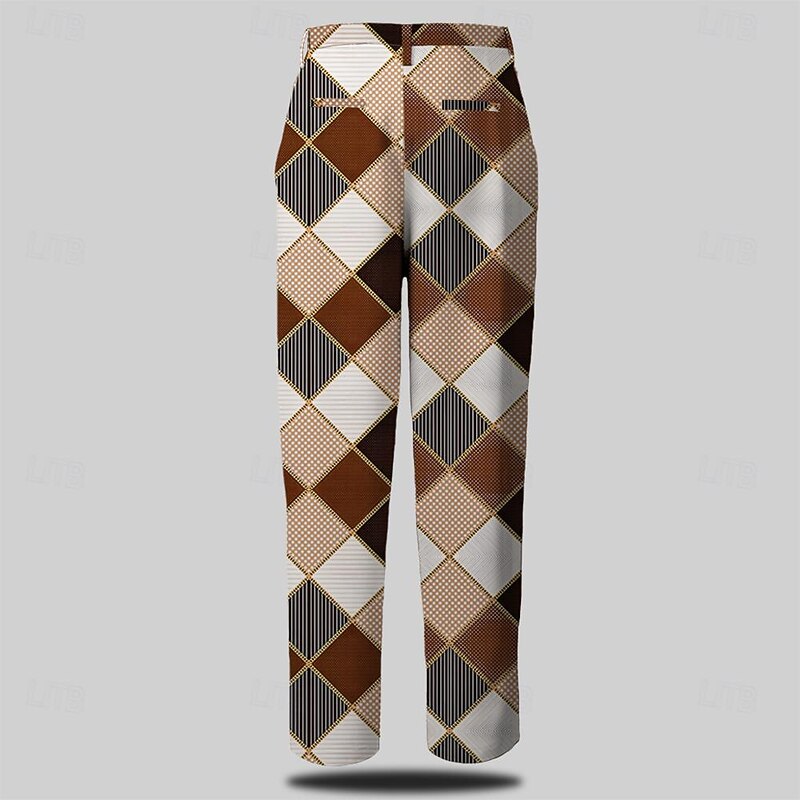 Men's Plaid Dress Pants Mid Waist Formal Casual Pocket 3D Print Buttons Summer Spring Fall & Winter 3D Print Brown2