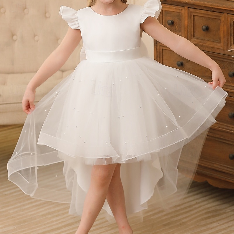 Kids Girls' Flower Girl Dress Party Dress Solid Color Sleeveless Wedding Party Special Occasion Ruched Backless Tie Knot Adorable Sweet Polyester Asymmetrical Party Dress Summer Spring Fall 3-13 Years