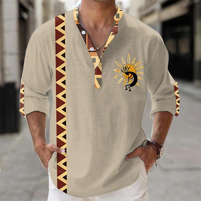 Men's Shirt Button Up Shirt Long Sleeve Tribal Fashion Casual Vacation Causal Casual Summer Spring &  Fall Stand Collar Buttons Print Yellow Green Khaki Beige4