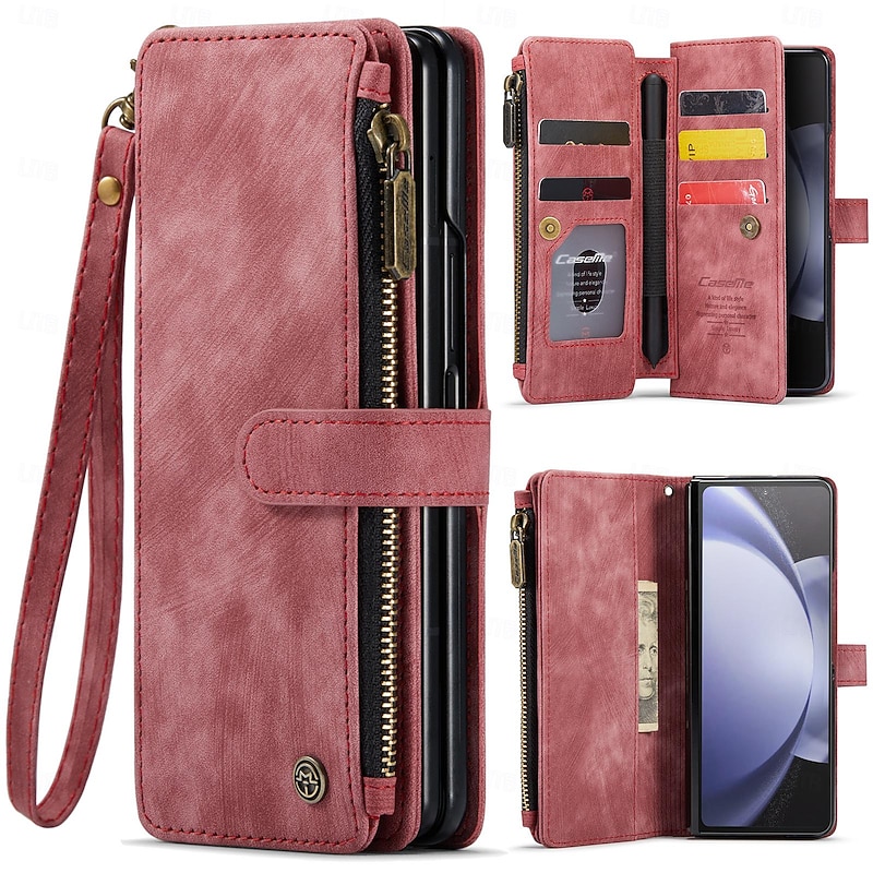Phone Case For Samsung Galaxy Z Fold 6 Z Fold 5 Z Fold 4 Z Fold 3 Wallet Case Zipper with Pen Slot Holder Matte Frosted Retro2