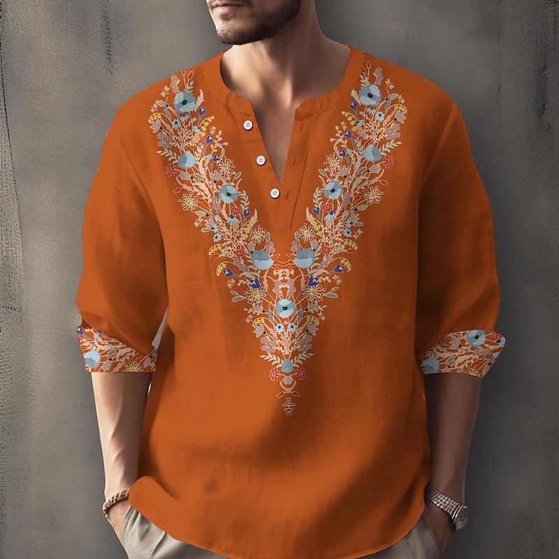 Men's Ethnic Shirt Button Up Shirt Henley Shirt Long Sleeve Casual Tribal Vacation Daily Summer Spring Fall Collarless V Neck Print Black White Blue Orange2
