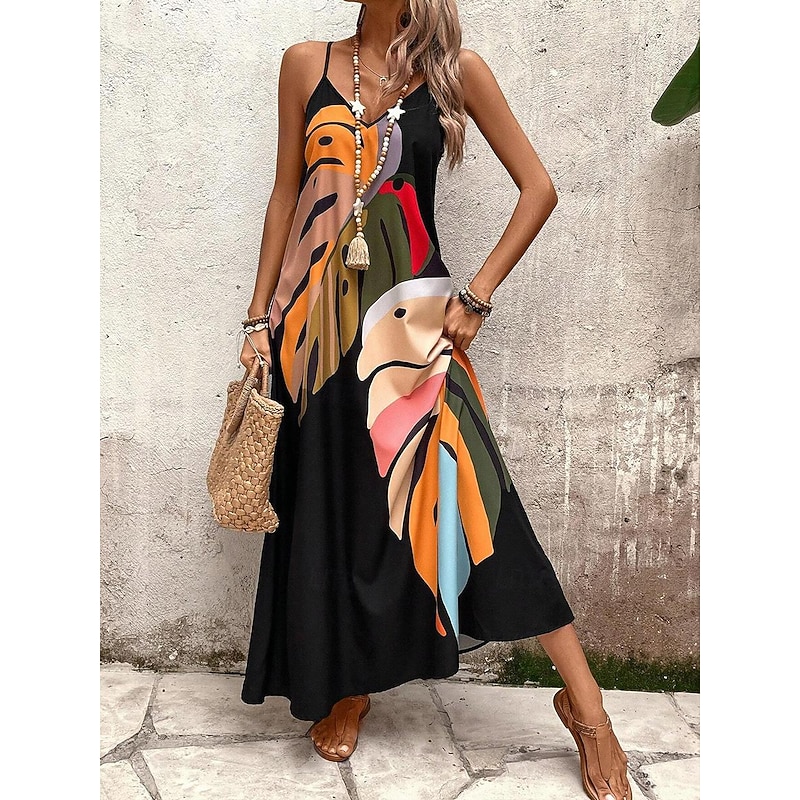 Women's Maxi Dress Sundress A Line Dress Floral Dress Stylish Flowy Vacation Casual Beach Loose Fit Oil Painting Sleeveless V Neck Black Summer4