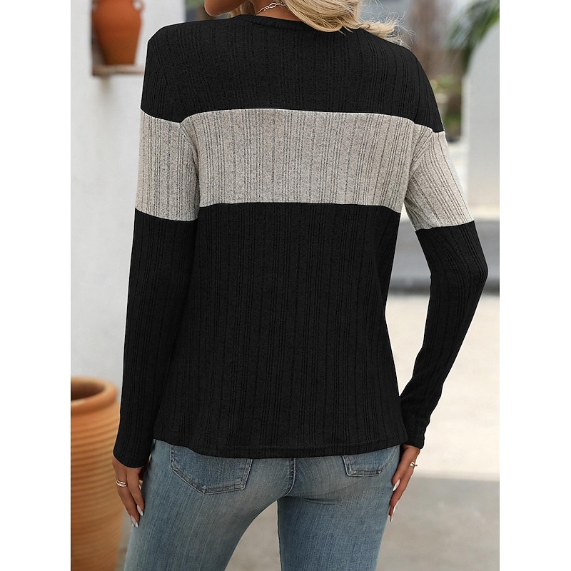 Women's Sweater Stylish Color Block Ribbed Crew Neck Print Long Sleeve Regular Tops Knit Work Black Pink Spring Fall2