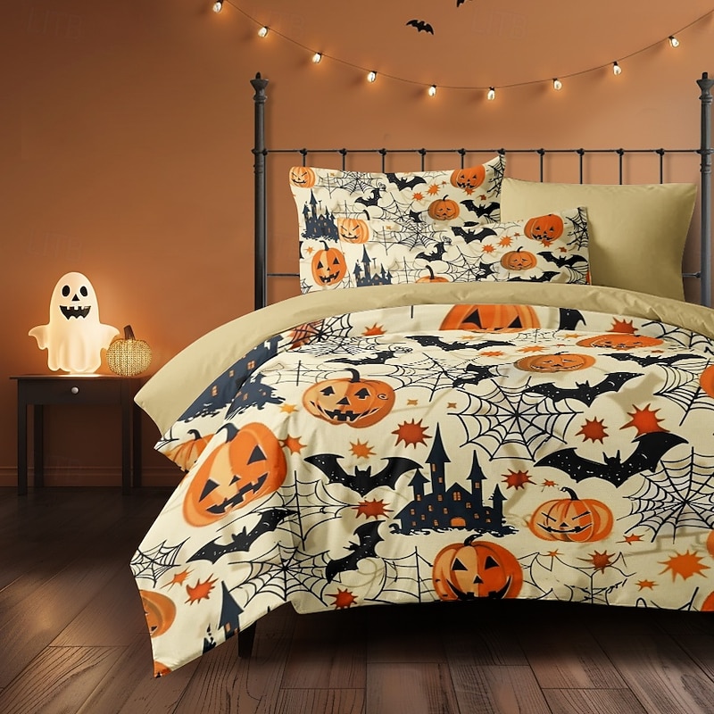 Halloween Beige Duvet Cover Set - Adorable Pumpkin Print to Decorate Your Bedroom - Includes Duvet Cover and Pillowcases - Soft and Cozy Fabric - Perfect for Adding Festive Charm to Your Space