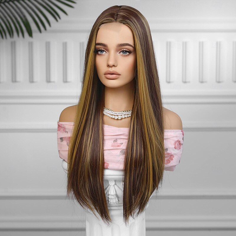 Synthetic Lace Wig Body Wave Style 28 inch Brown Middle Part U Part Wig Women's Wig Brown / Burgundy4