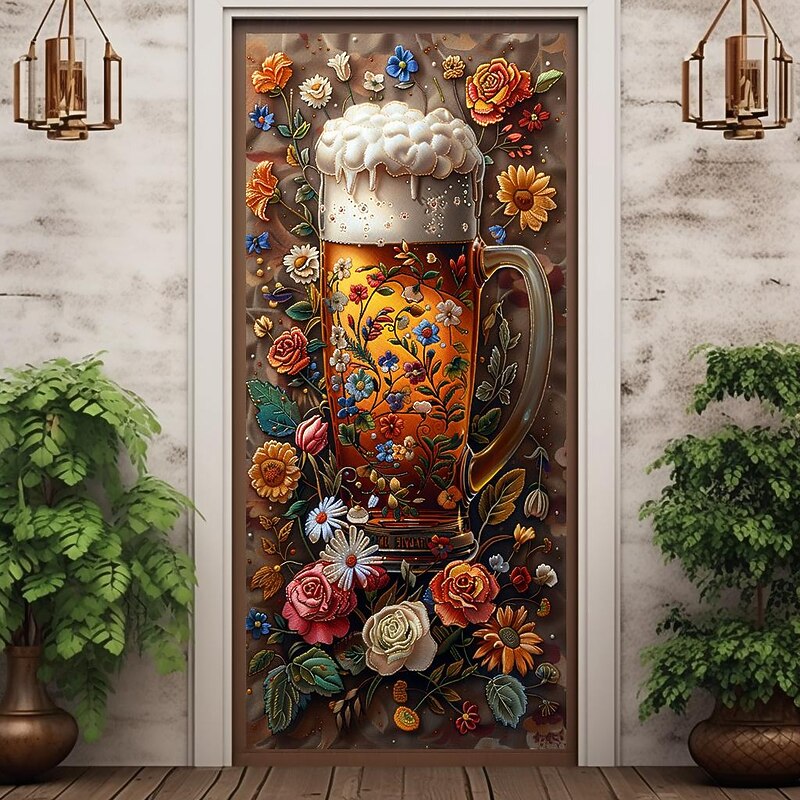 Oktoberfest Beer Floral Door Covers Door Tapestry Door Curtain Decoration Backdrop Door Banner for Front Door Farmhouse Holiday Party Decor Supplies2