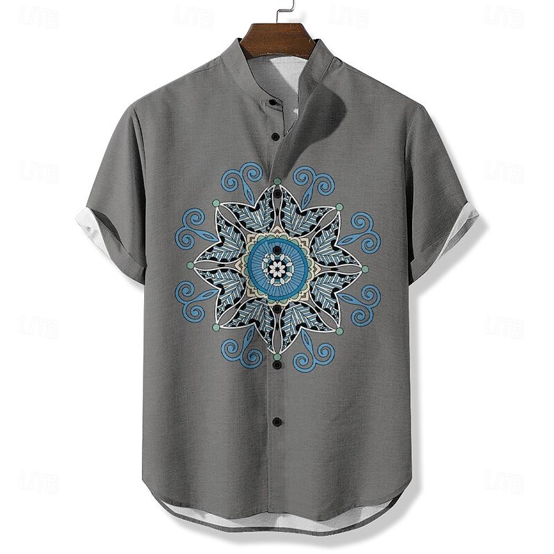 Men's Ethnic Shirt Button Up Shirt Short Sleeve Casual Tribal Holiday Summer Spring Stand Collar Buttons Print White Green Gray3