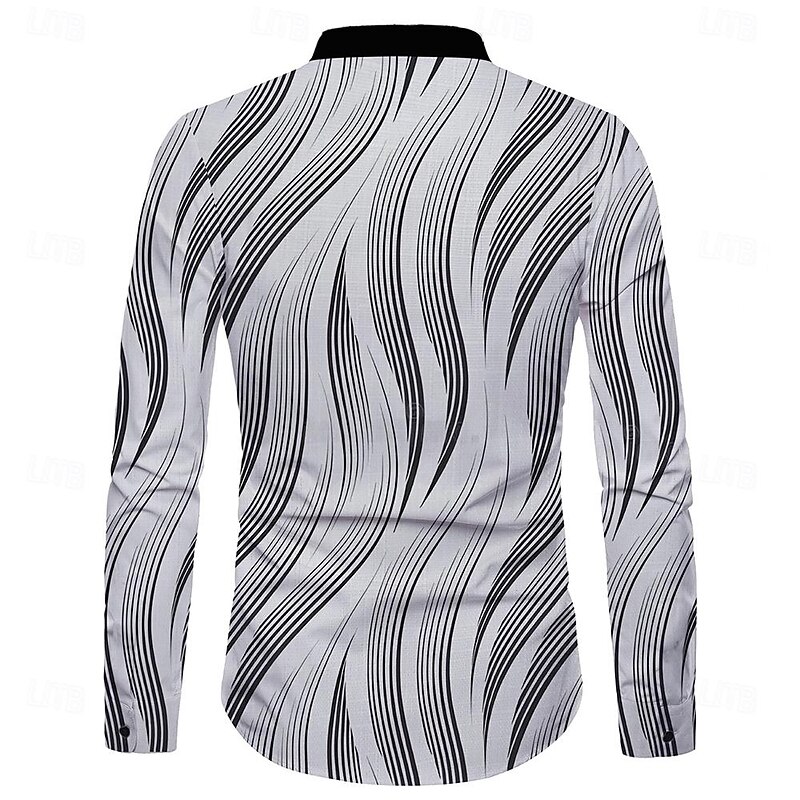 Men's Geometric Pattern Shirt Button Up Shirt Long Sleeve Casual Daily Holiday Summer Spring &  Fall Standing Collar Buttons Print White2
