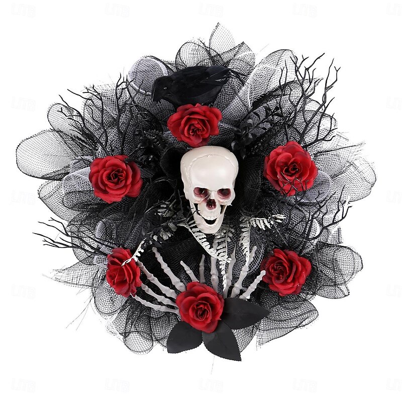 Halloween Wreaths for Front Door Indoor Outdoor Decoration, Rose Skull Mesh Wreath Hanging for Spooky Bar and Party Skeleton Decor4