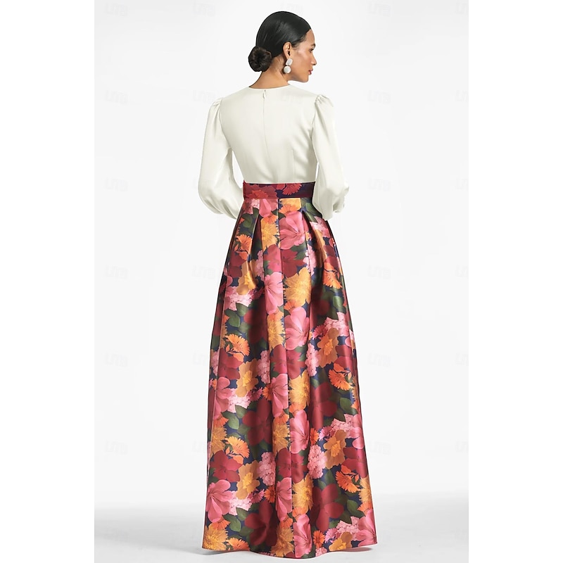 A-Line Evening Gown High Split Dress Formal Wedding Guest Floor Length Long Sleeve V Neck Belt / Sash Satin with Floral Print Slit Wedding Guest Dress2