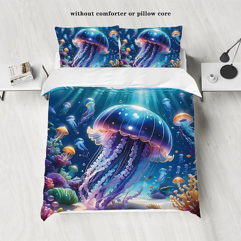 Underwater Ocean Dream Jellyfish Duvet Cover - Enchanting Marine Life Design - Soft and Comfortable Fabric - Perfect for Adding a Mystical Touch to Your Bedroom Decor - Easy to Wash and Maintain2