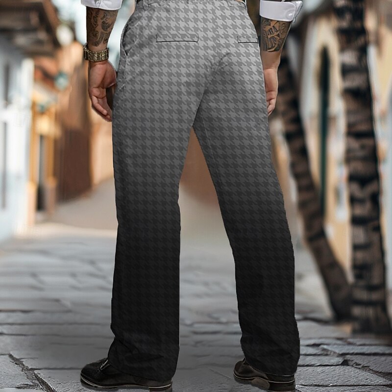 Men's Houndstooth Dress Pants Mid Waist Business Casual Formal Dailywear Zipper Pocket Straight Leg Trousers Summer Spring Fall 3D Print Gray2