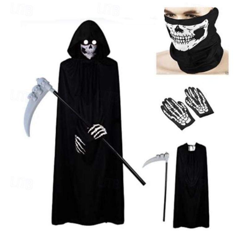 4pcs/set Halloween Party Adult Reaper Black Cloak Skull Mask Gloves Halloween Costume Prop Set