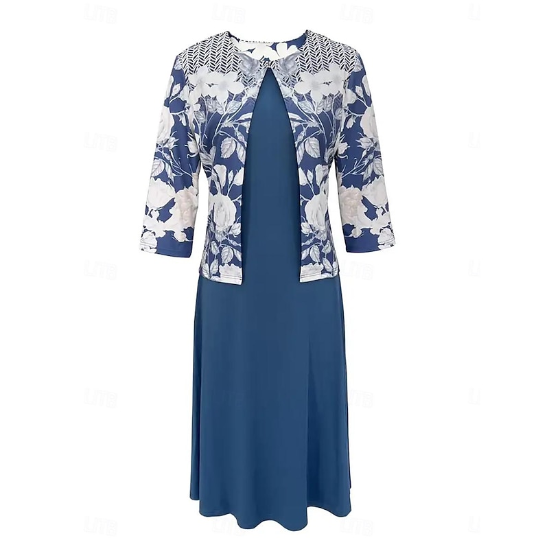 Women's Mini Dress Elegant Skirt Sets Skirt 3/4 Length Sleeve Crew Neck Floral Print Wedding Guest Daily Blue Summer Loose Fit2