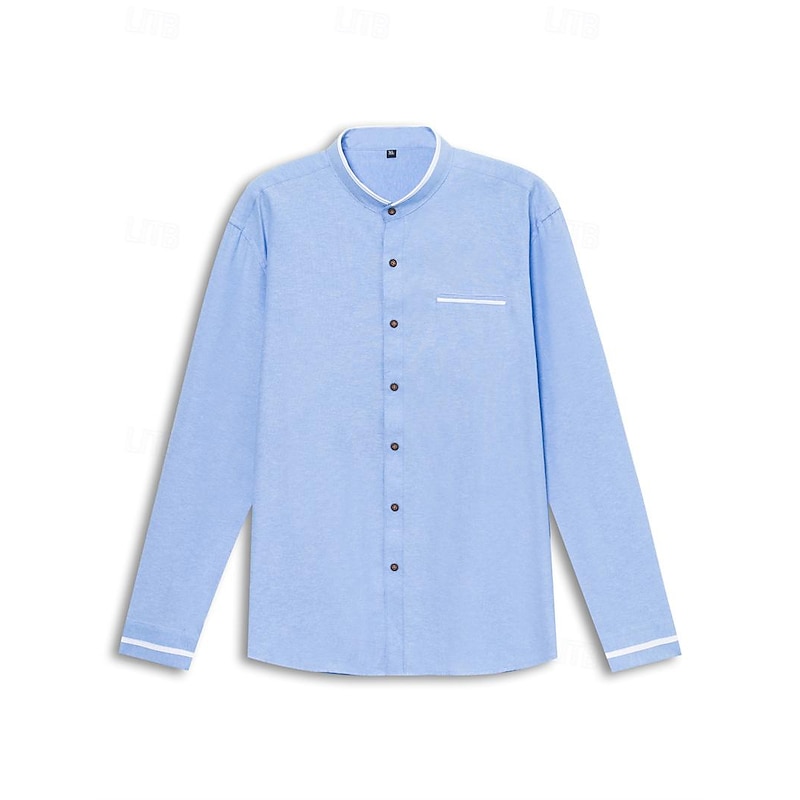 Men's Band Collar Shirt Dress Shirt Oxford Shirt Solid / Plain Color Wedding White Blue Gray Light Blue Long Sleeve Standing Collar Spring &  Fall Clothing Apparel4
