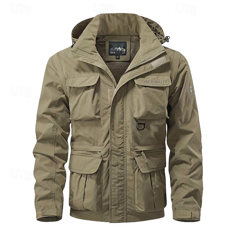 Men's Outdoor Jacket Cargo Jacket Hoodie Jacket Hiking Jacket Outdoor Daily Removable Soft Multiple Pockets Spring &  Fall Plain Casual Comfortable Hooded Regular Black Khaki Army Green Jacket