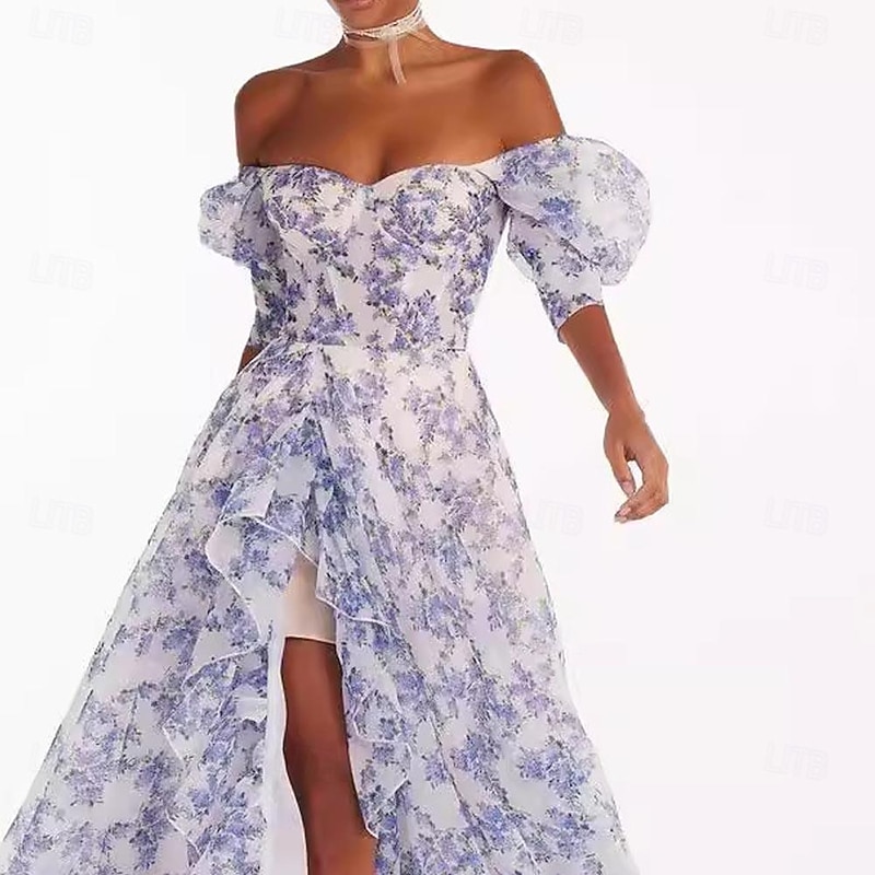 Women's Beach Dress Floral Print Asymmetrical Off Shoulder Lantern Sleeve Long Dress Maxi Dress Cute Stylish Wedding Valentine's Day Short Sleeve Summer Spring2