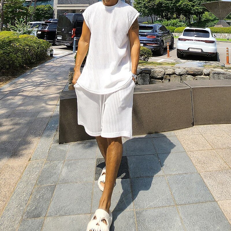 Men's 2 Piece T-shirt Suits Tracksuit Shorts and T Shirt Set Short Sleeve Short Sleeves Short Pant Crew Neck Summer Color Block Gymnatics Casual 2 Piece Knitted Vacation Daily Wear Activewear White3