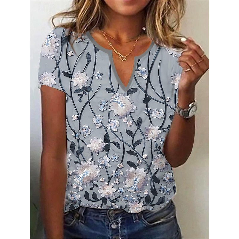 Women's T Shirt Henley Shirt Basic Leaf Print Short Sleeve Regular Tops V Neck Holiday Weekend White Pink Navy Blue Blue3