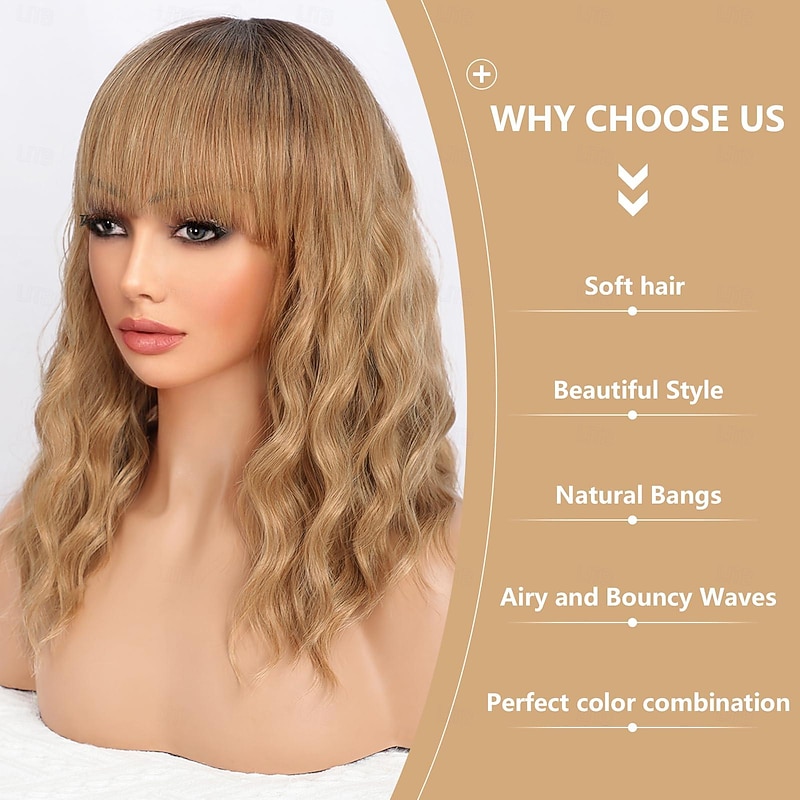 Ombre Brown Wig with Bangs for Women Shoulder Length Bob Wavy Charming Synthetic Wigs with Natural Curly Heat Resistant Hair Halloween Wigs4