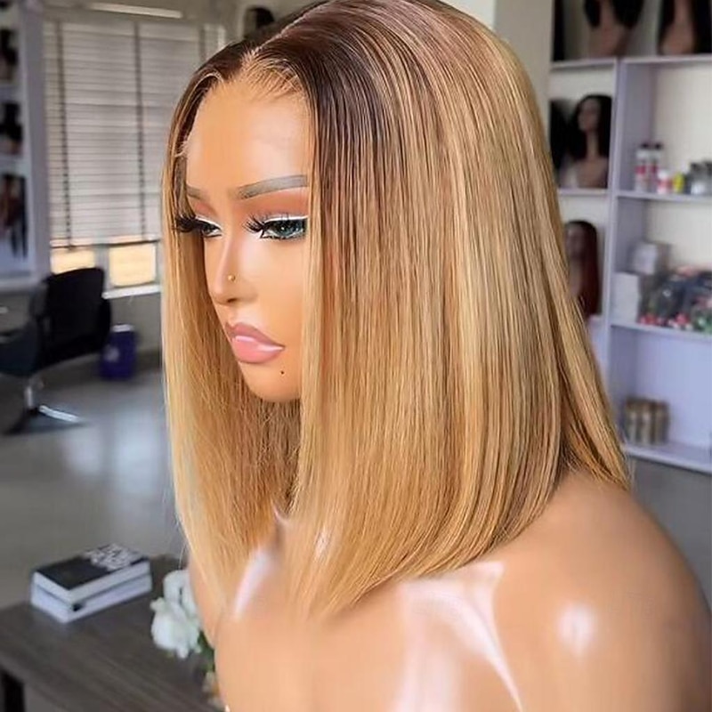Straight Human Hair Lace Front Wig Brazilian Virgin Hair Ombre Color Honey Blonde Short Bob Lace Front Wig with Baby Hair for Women3