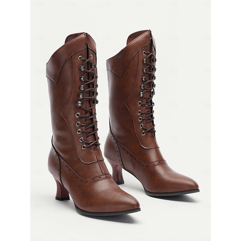 Women's Brown Victorian Lace-Up Boots with Mid Heel - Vintage-Style Retro Footwear for Cosplay, Events & Daily Elegance4