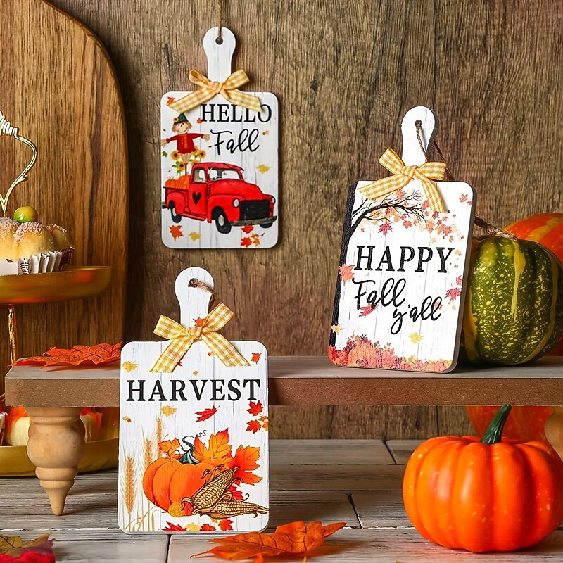 3 Pack Fall Wooden Door Signs, Thanksgiving Autumn Hanging Decorations for Front Door, Rustic Wood Home Decor for Seasonal Entryway4
