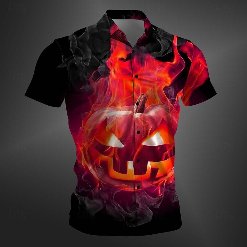 Halloween Men's Pumpkin Halloween Costumes Shirt Button Up Shirt Short Sleeve Casual Dark Party Evening Wear Daily Summer Winter Spring &  Fall Turndown Button Up 3D Print Red Purple Orange Green3