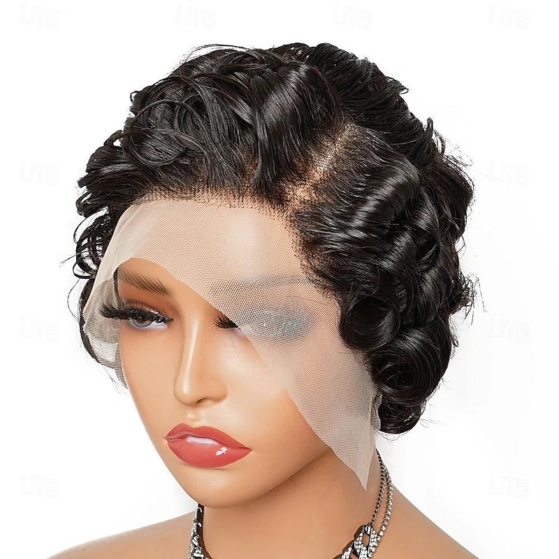 Pixie Curly Wigs 13*4 Lace Frontal Human Hair Wig Black Color Indian Hair Short Bouncy Curly Side Part Front Lace3