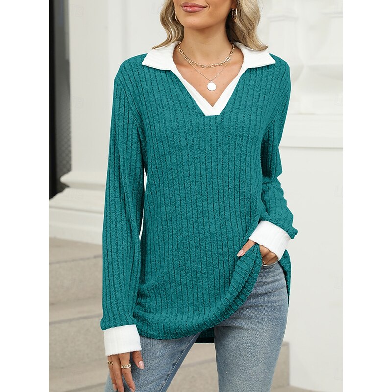 Women's T Shirt Casual Solid Color Long Sleeve Long Tops Shirt Collar Daily Black Blue Green Spring Fall3