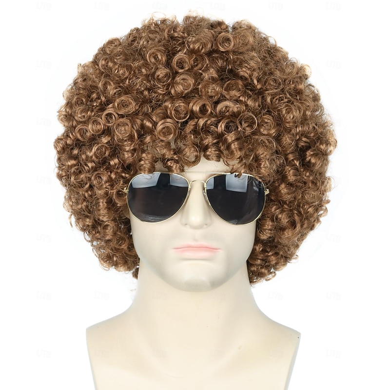 Brown Afro Wig for Men or Women Short Curly Carnival Disco Rock Wig Hippie Costume Wigs 70s 80s Wig