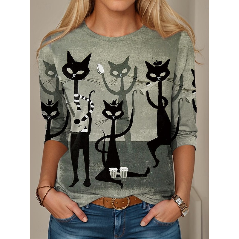 Women's T shirt Crew Neck Long Sleeve Tunic Casual Cat Print Regular Tops Round Neck Daily Green Spring Fall
