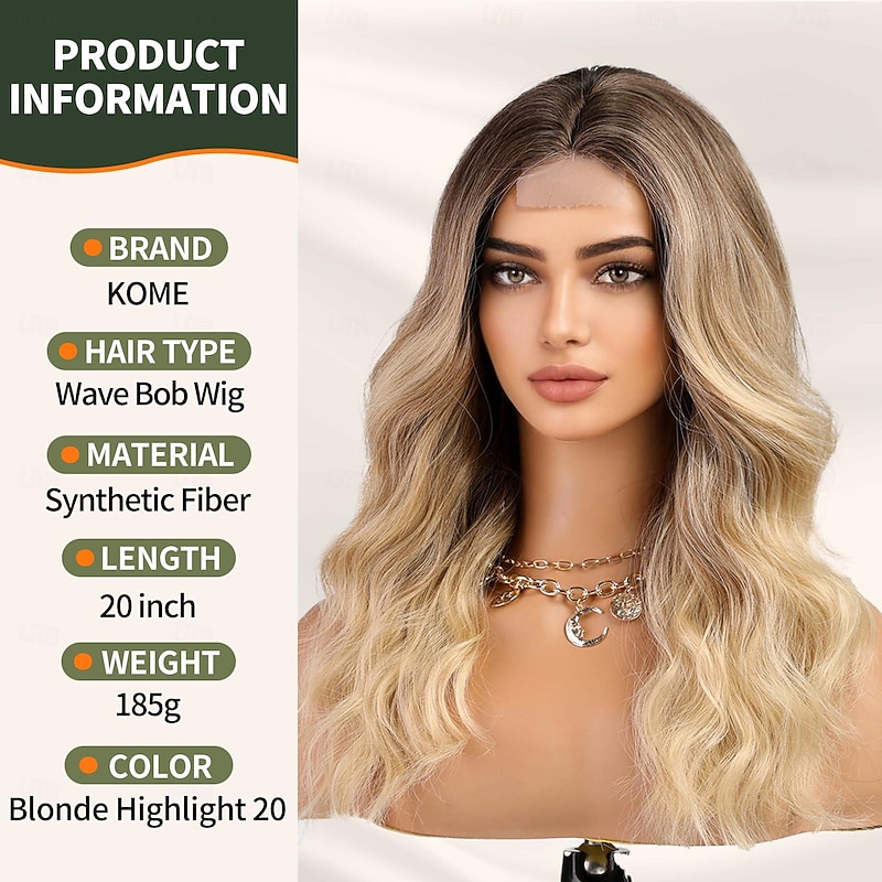 Dirty Blonde Wigs for Women,Blonde Highlight Shoulder Length Curly Wig,Middle Part Synthetic Wig for Daily Use Party 20IN4