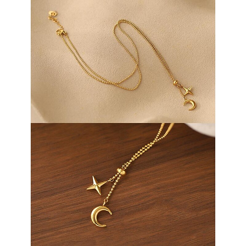 Women's Gold Star and Moon Pendant Necklace - Titanium Steel Lariat Chain Perfect for Casual and Elegant Styles4