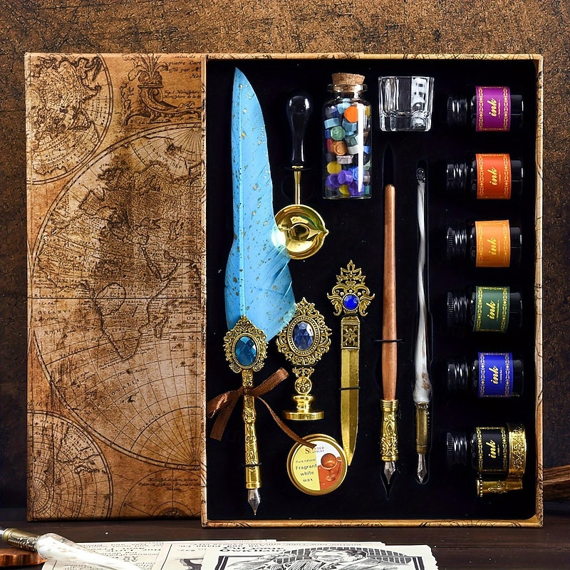 1 set Jubaboz Gift Box Feather Calligraphy Pen Set Mechanical Gear Steam Punk Dipping Pen Retro Decoration Perfect Gift Idea3