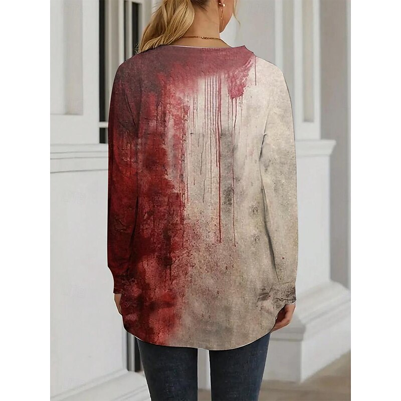 Halloween Women's T Shirt Bloodstain V Neck Long Sleeve Graphic Casual Color Block Letter Abstract Regular Tops Daily Print Red Spring Fall & Winter2