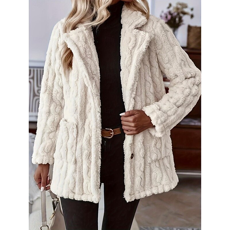 Women's Casual Jacket Warm Pocket Casual Solid Color Daily Buttoned Front Long V Neck Loose Fit Long Sleeve Outerwear Beige Spring Fall3