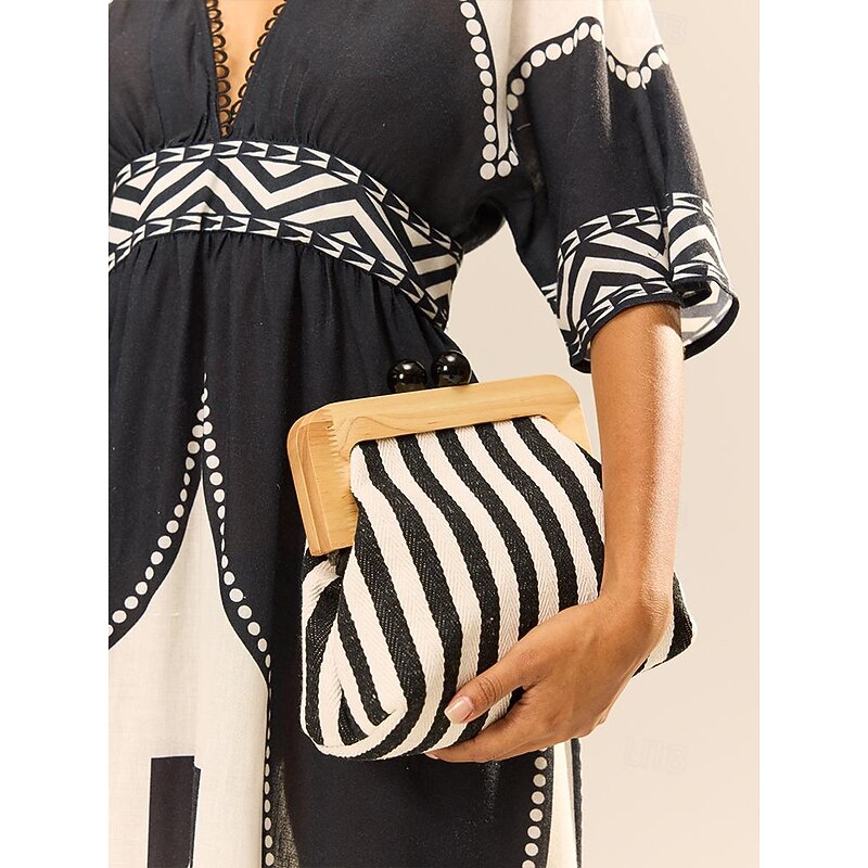 Women's Striped Canvas Crossbody Bag – Retro Wooden Frame Small Shoulder Purse with Adjustable Strap – Black and Beige, Ideal for Casual Outings and Travel2