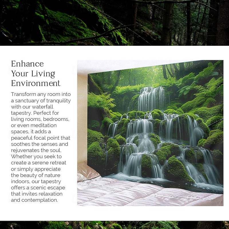 Forest Cascade Landscape Hanging Tapestry Wall Art Large Tapestry Mural Decor Photograph Backdrop Blanket Curtain Home Bedroom Living Room Decoration4