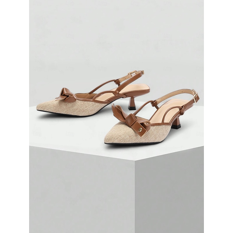 Women's Slingback Pointed Toe Heels – Brown Leather and Beige Canvas Kitten Heel Shoes with Bow Detail, Perfect for Office, Parties, and Casual Wear2